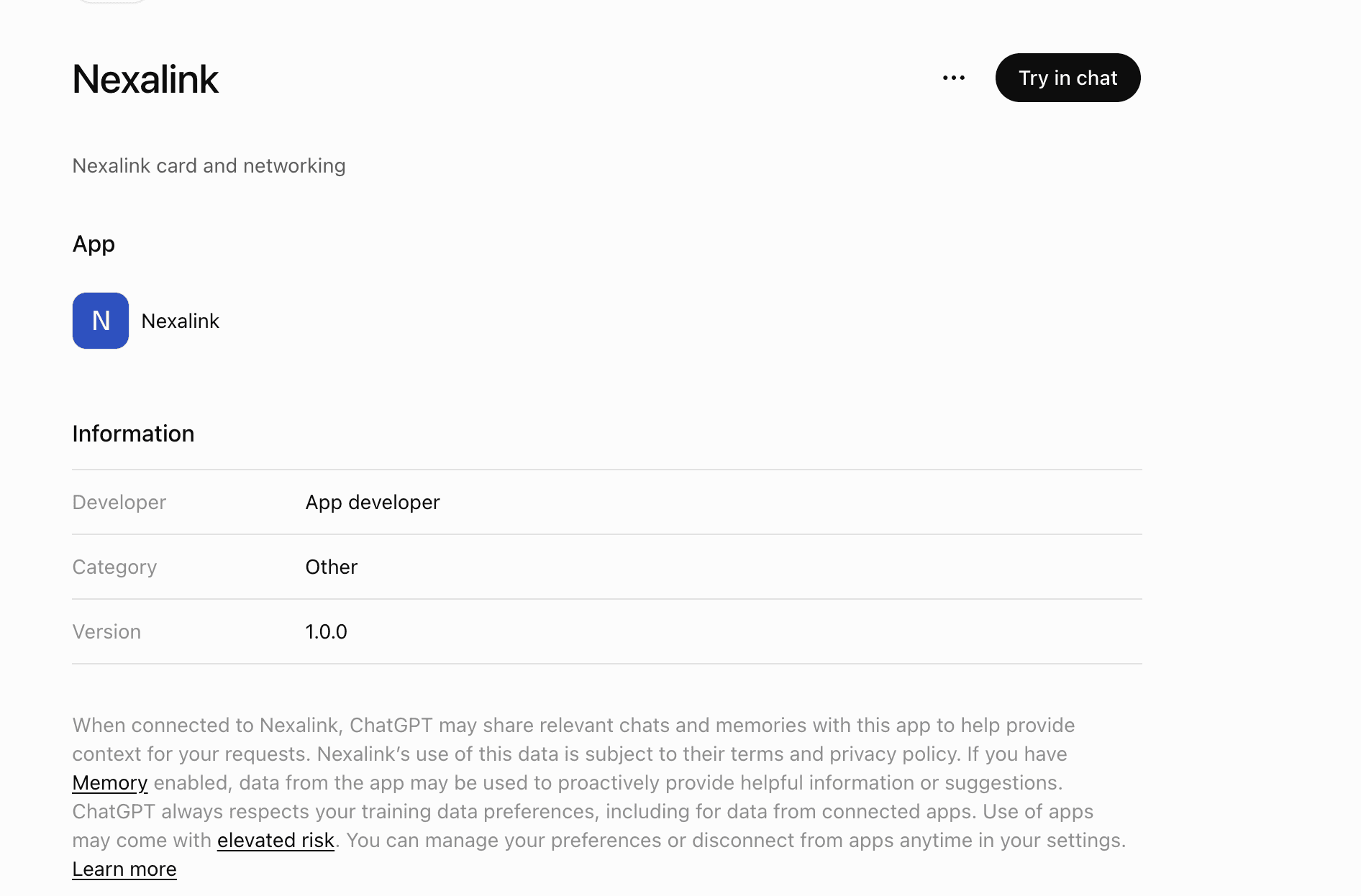 The Nexalink app page inside ChatGPT, showing the description Nexalink card and networking, a Try in chat button, the app icon, and an Information table listing Developer, Category Other and Version 1.0.0.