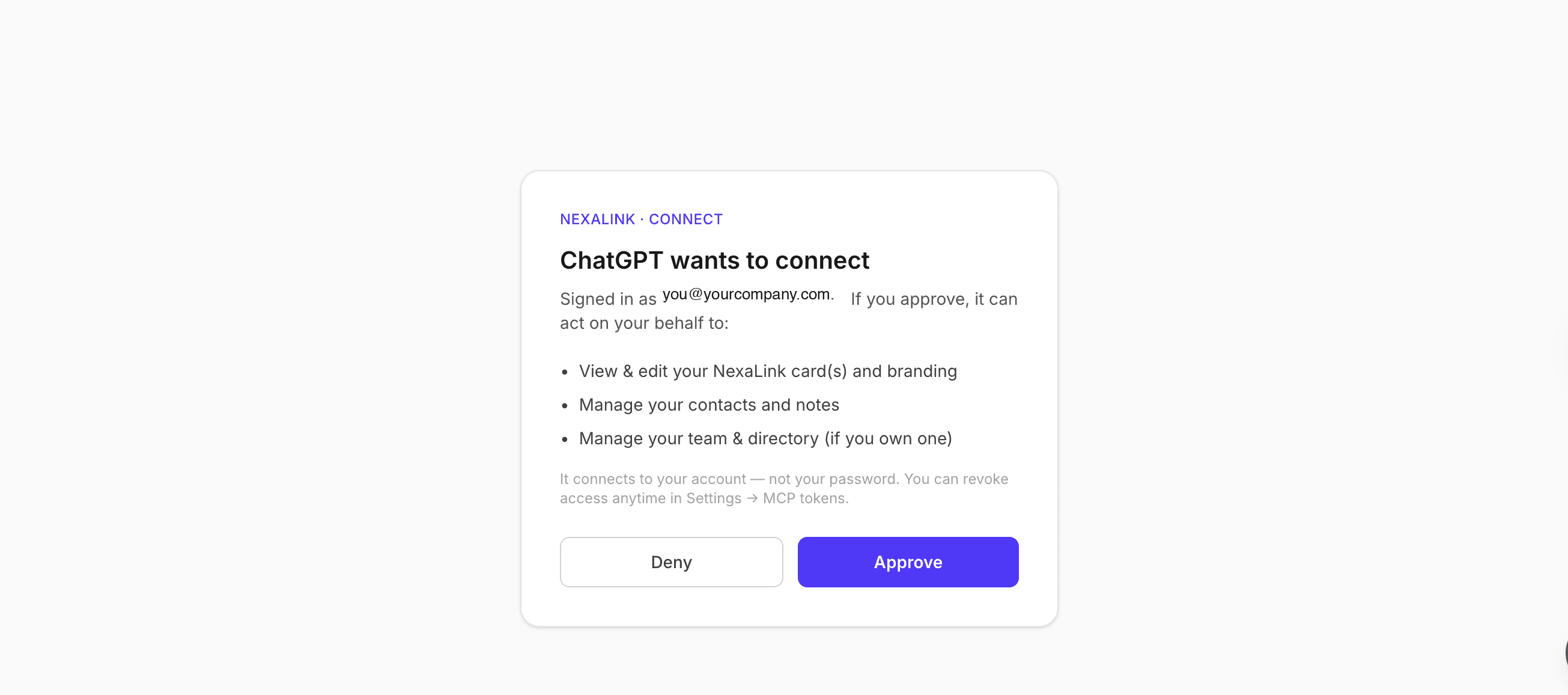 The NexaLink consent screen headed ChatGPT wants to connect, showing the signed-in account and three permissions — view and edit your NexaLink cards and branding, manage your contacts and notes, and manage your team and directory — with Deny and Approve buttons.
