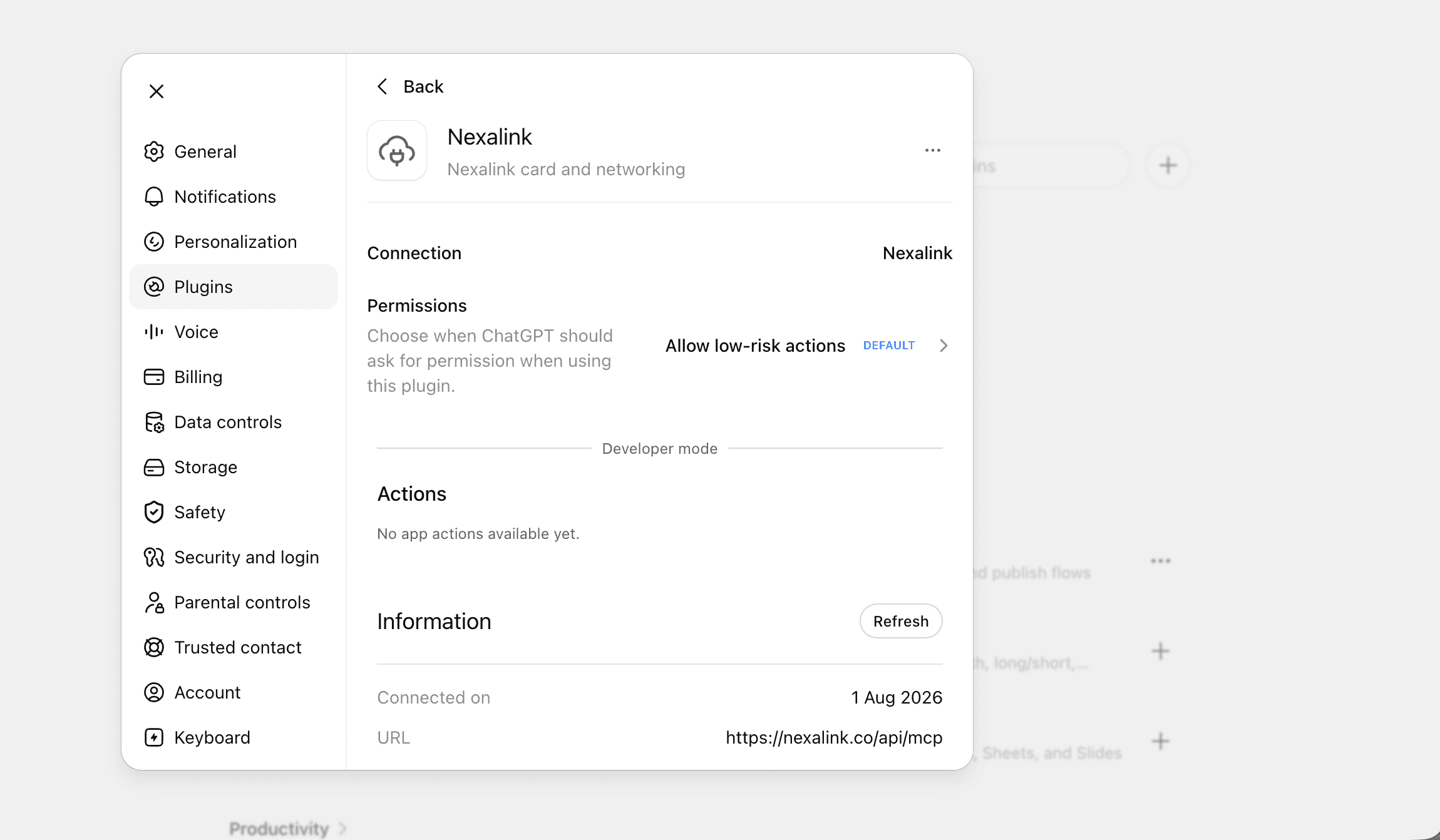 ChatGPT Settings with Plugins selected, showing Nexalink connected: a Connection row, a Permissions row set to Allow low-risk actions marked DEFAULT, a Developer mode section, and Information showing Connected on 1 Aug 2026 and the URL https://nexalink.co/api/mcp.
