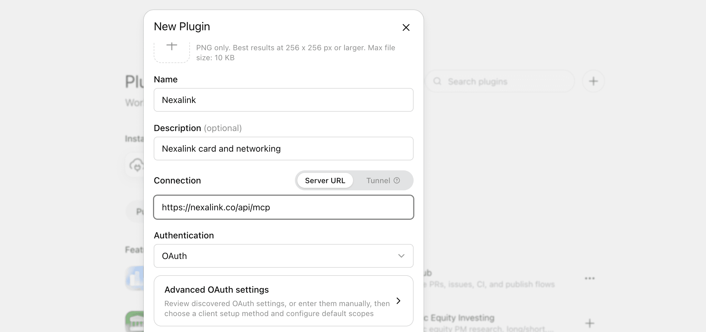 ChatGPT's New Plugin dialog filled in: Name set to Nexalink, Description set to Nexalink card and networking, the Connection toggle on Server URL rather than Tunnel, the URL field containing https://nexalink.co/api/mcp, Authentication set to OAuth, and an Advanced OAuth settings row below.