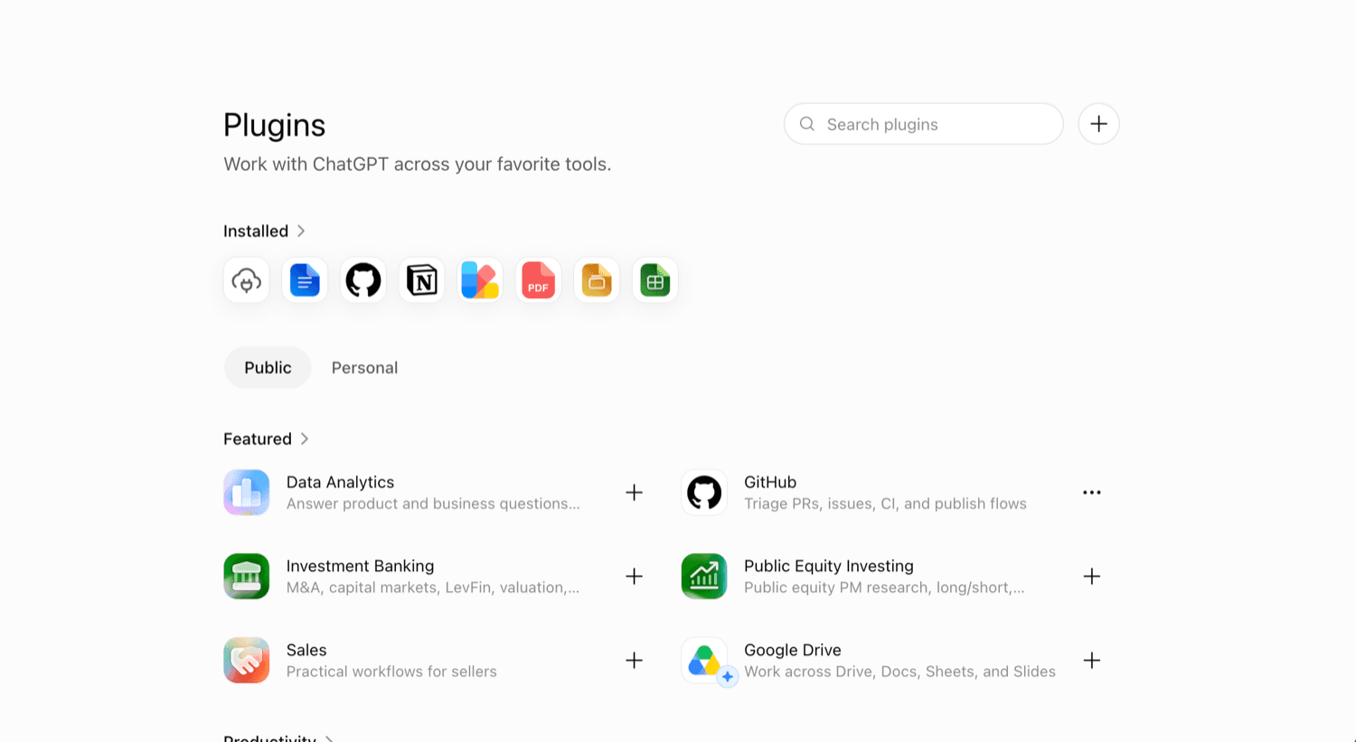 ChatGPT's Plugins page at chatgpt.com/plugins, showing a Search plugins box and a round + button at the top right, an Installed row of plugin icons, Public and Personal tabs, and a Featured list including Data Analytics, GitHub, Investment Banking and Google Drive.