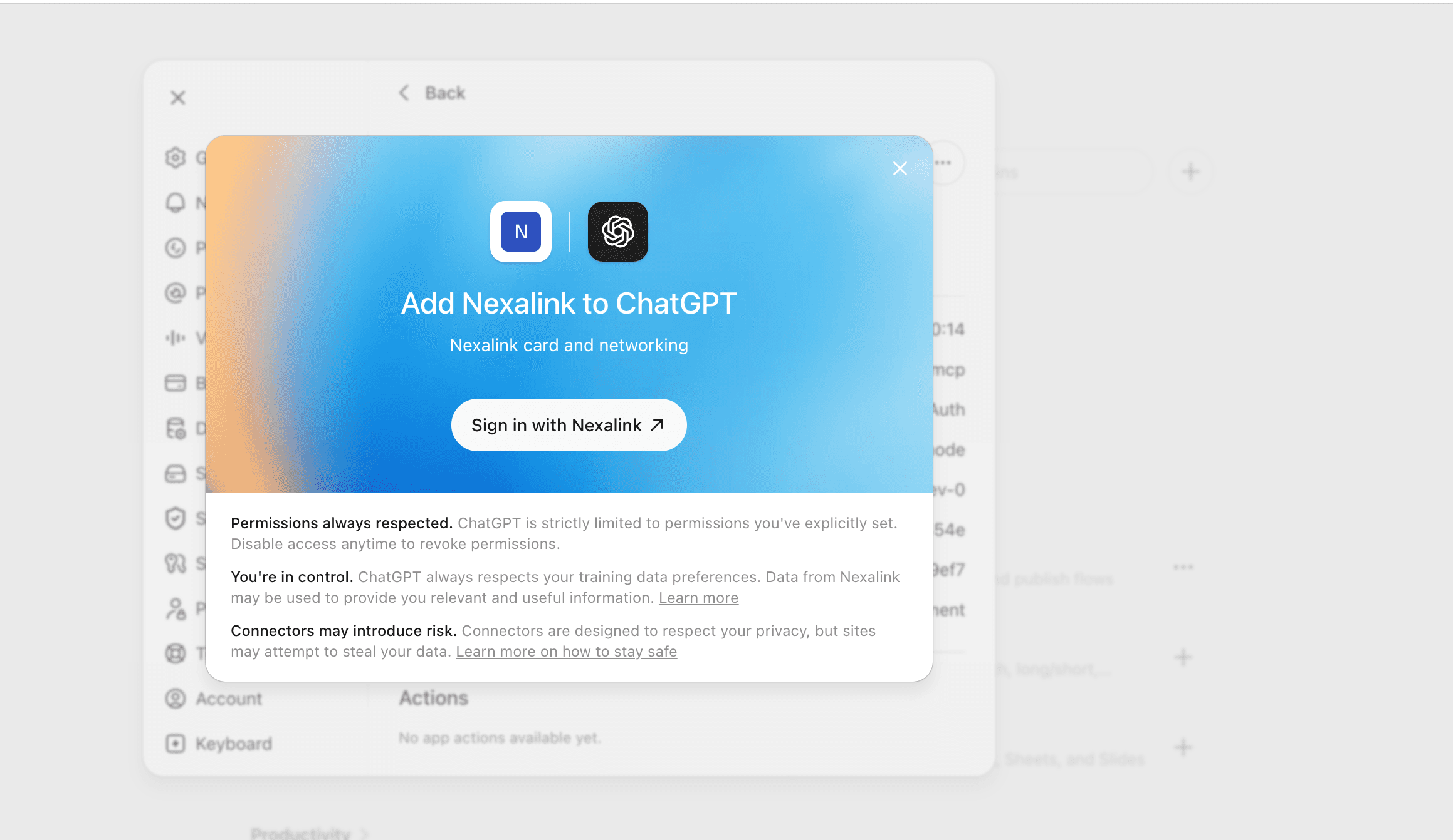 ChatGPT's Add Nexalink to ChatGPT screen, showing the NexaLink and OpenAI icons side by side, a Sign in with Nexalink button, and notes that permissions are always respected, that you're in control of training-data preferences, and that connectors may introduce risk.