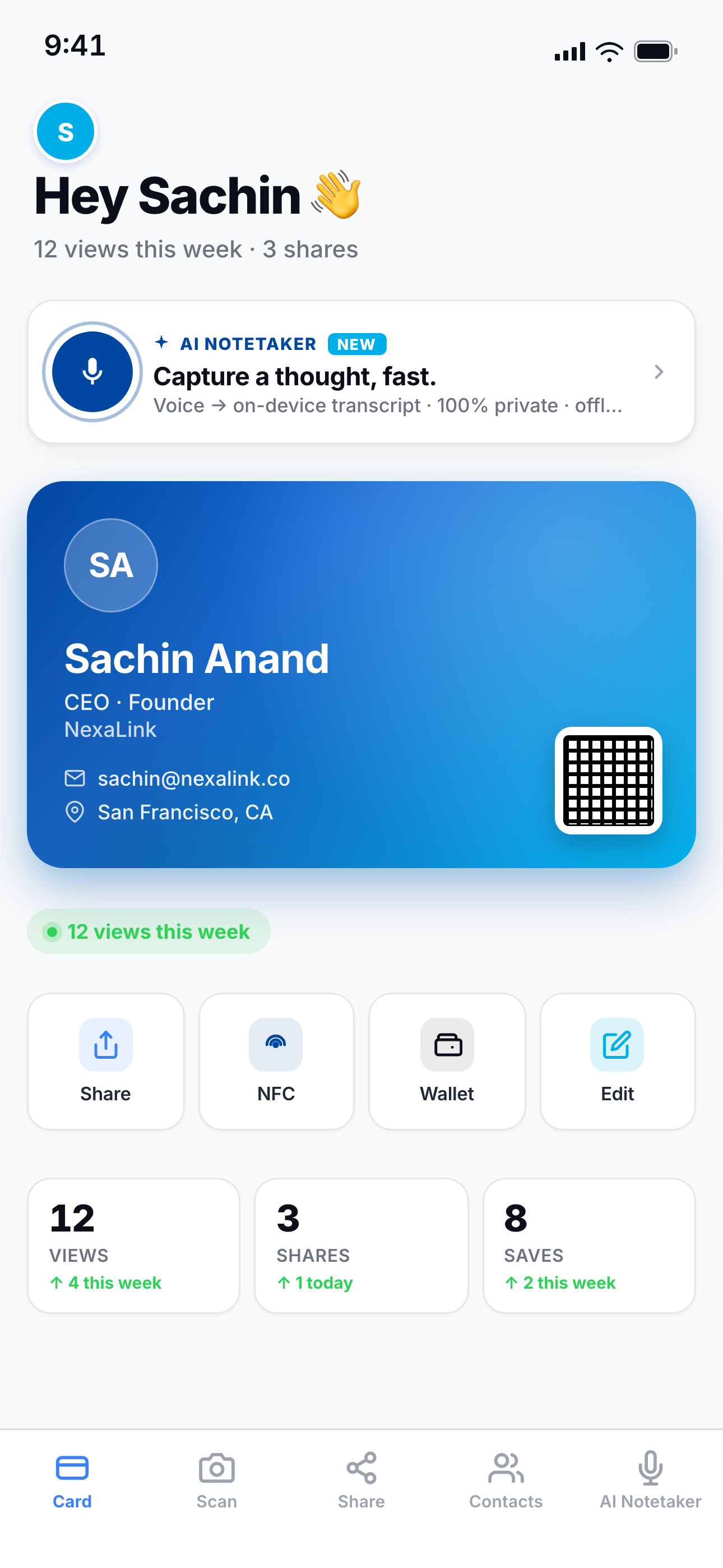 NexaLink Card home screen showing your card and quick share actions