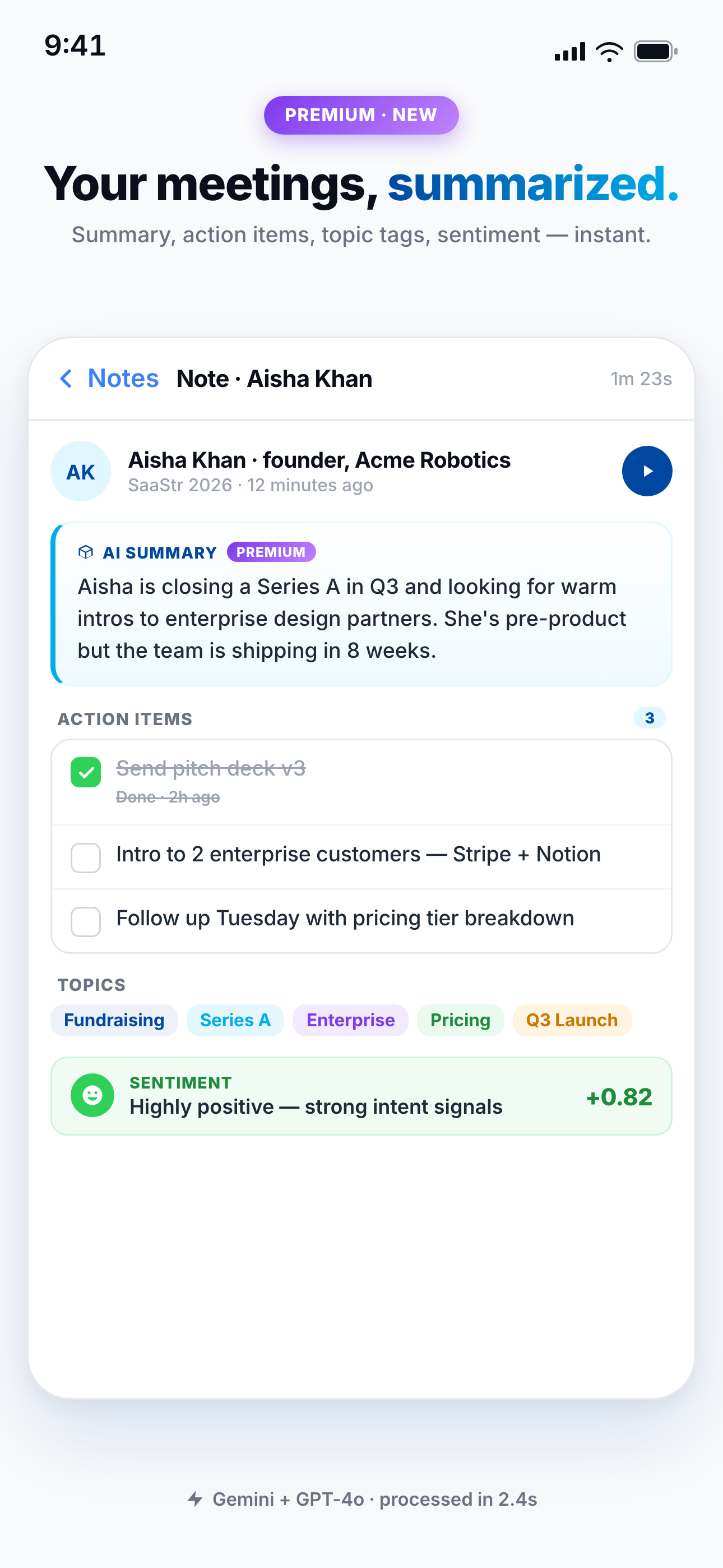 NexaLink Card showing the AI Notetaker meeting summary with action items, topic tags, and sentiment