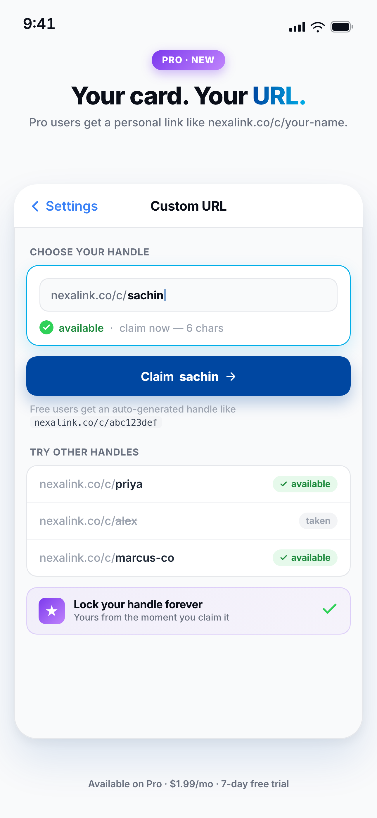 NexaLink Card Pro showing a custom URL like nexalink.co/c/your-name