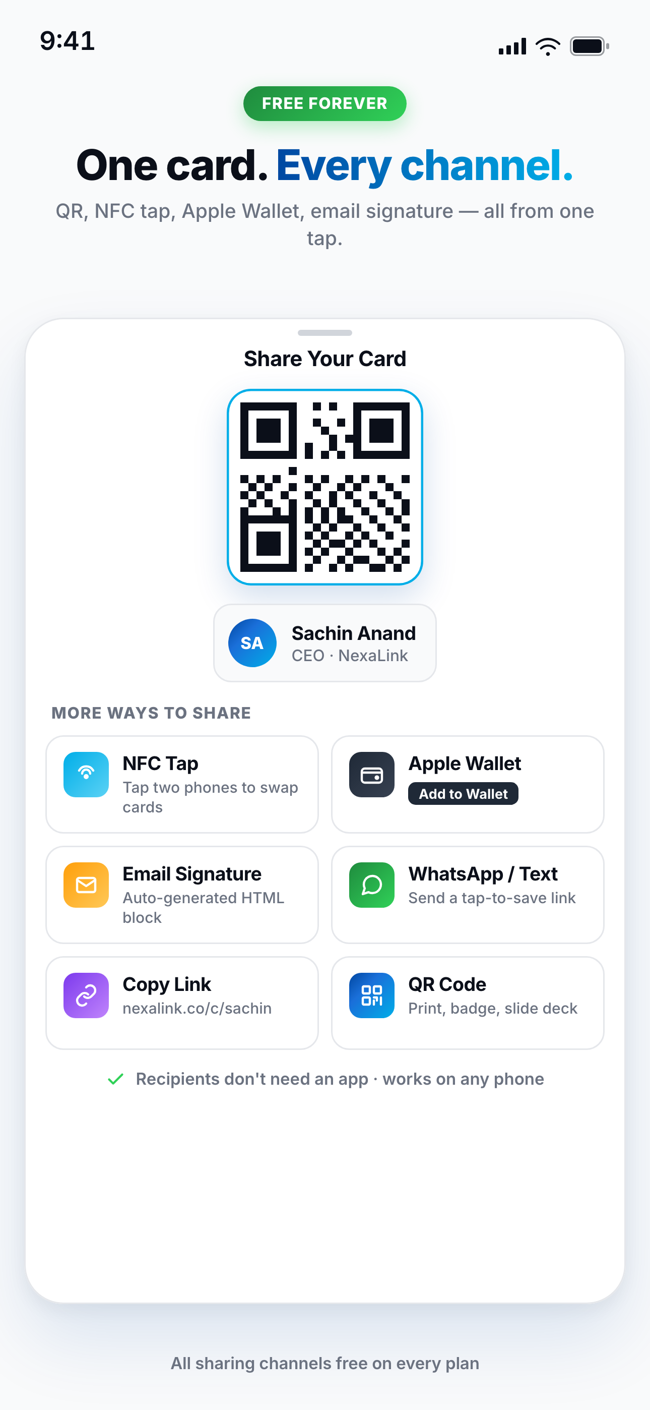 NexaLink Card share sheet with QR, NFC, Wallet, email signature, WhatsApp, copy link