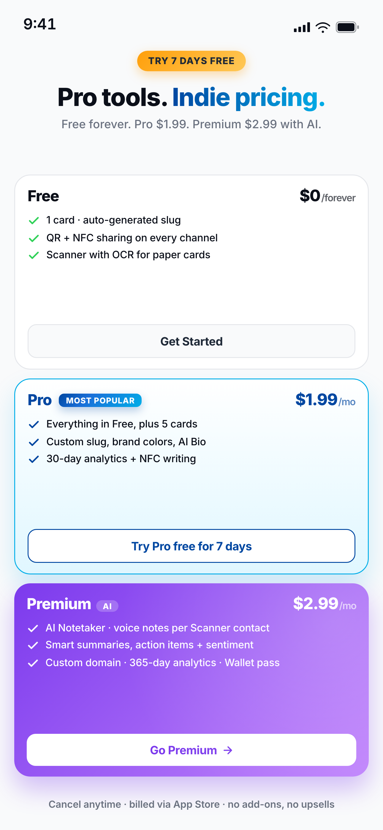 NexaLink Card pricing screen inside the app