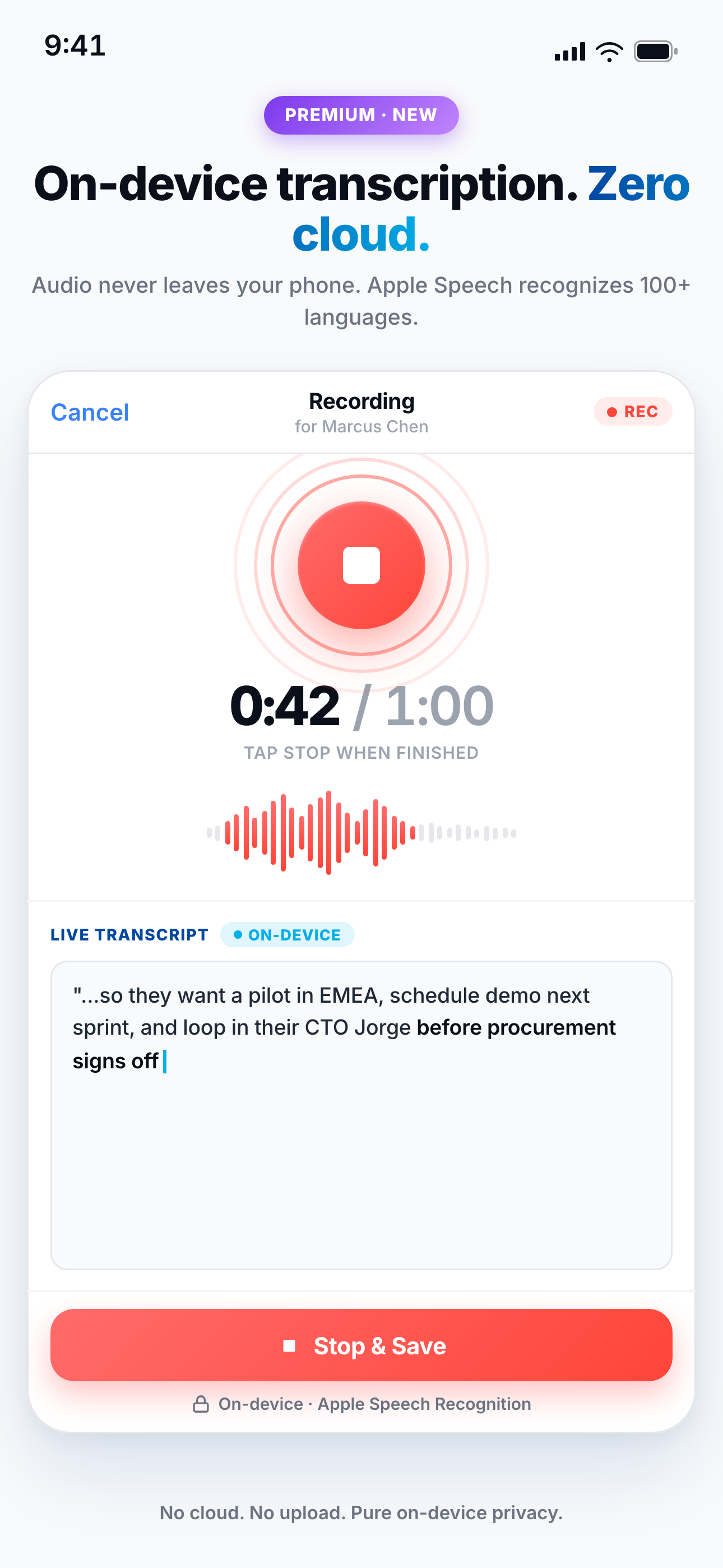 Voice note recording in progress with live transcription