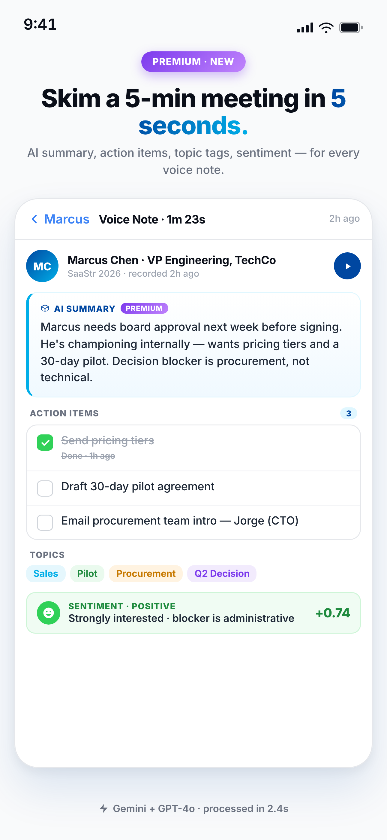 AI-generated note summary with action items, topic tags, and sentiment