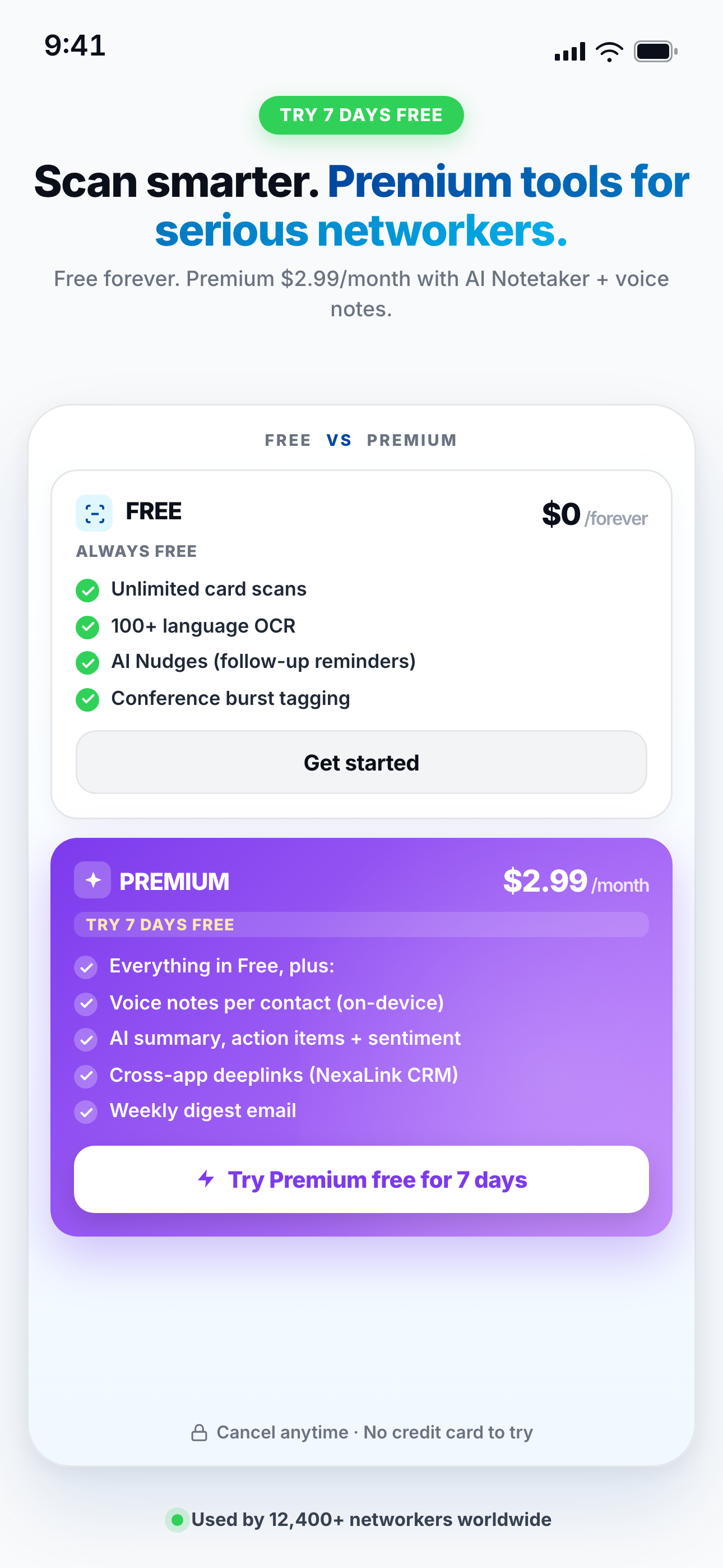 NexaLink Scanner pricing screen inside the app