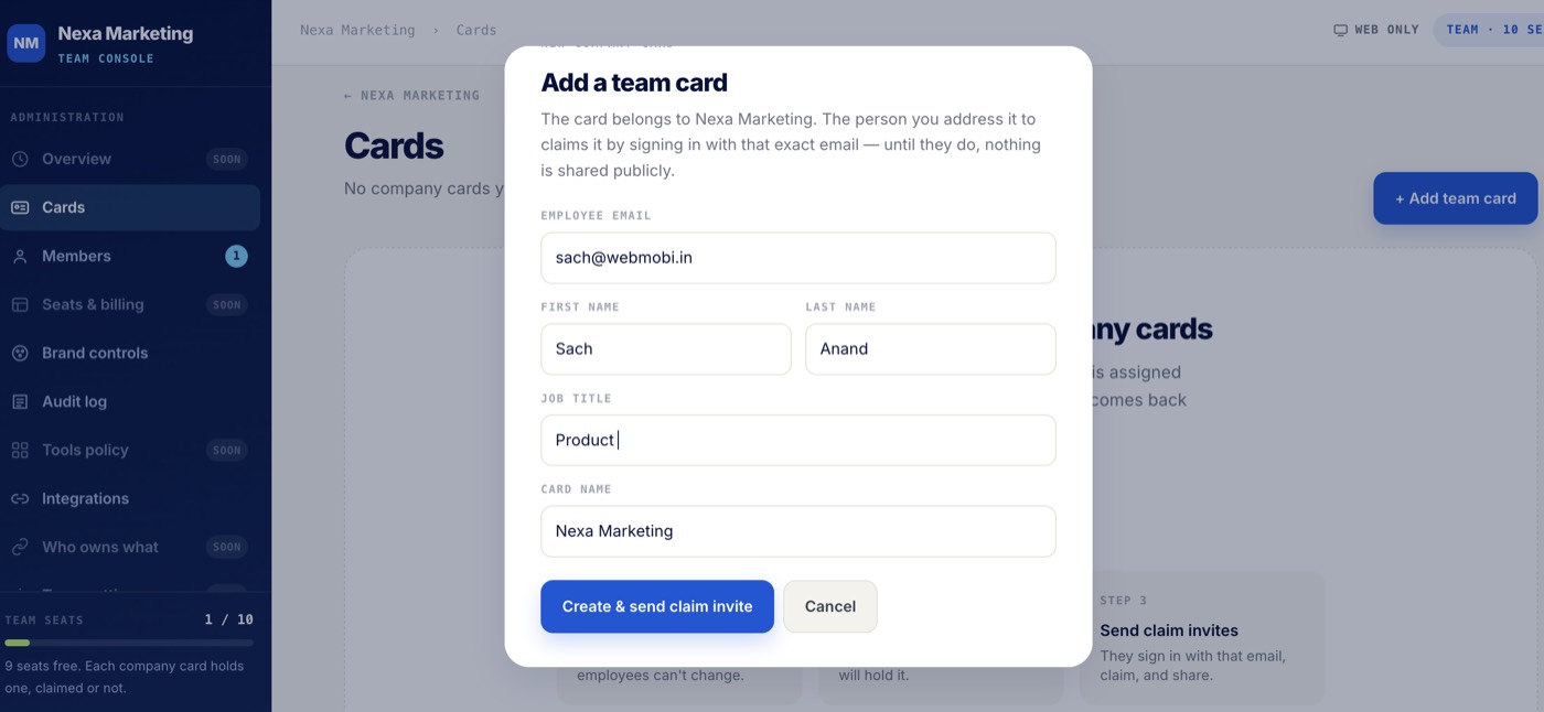 The Add a team card dialog with employee email, first and last name, job title and card name.