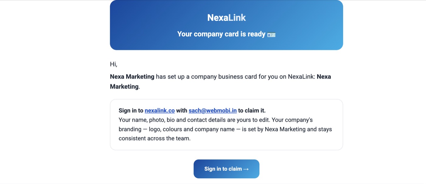 The claim email reading Your company card is ready, naming the address to sign in with.