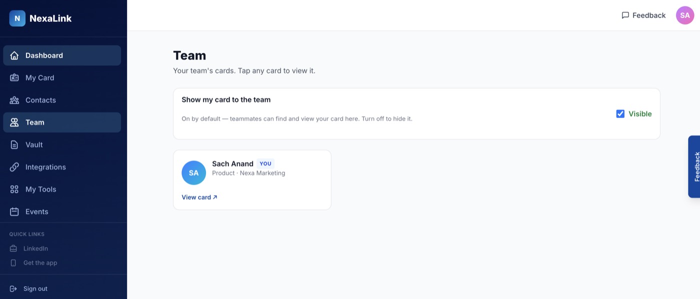 The employee's Team view showing their claimed company card under their name.
