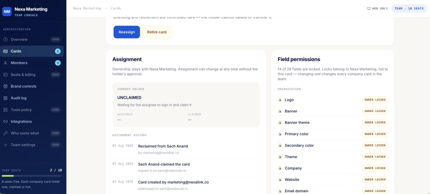 A company card detail page showing assignment history and a field permissions list.