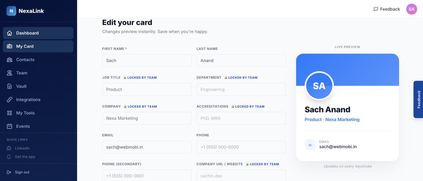 An employee's card editor with padlocked fields marked Locked by team on job title, department, company and website.