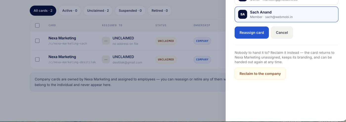The reassign panel showing a list of workspace members to choose from.