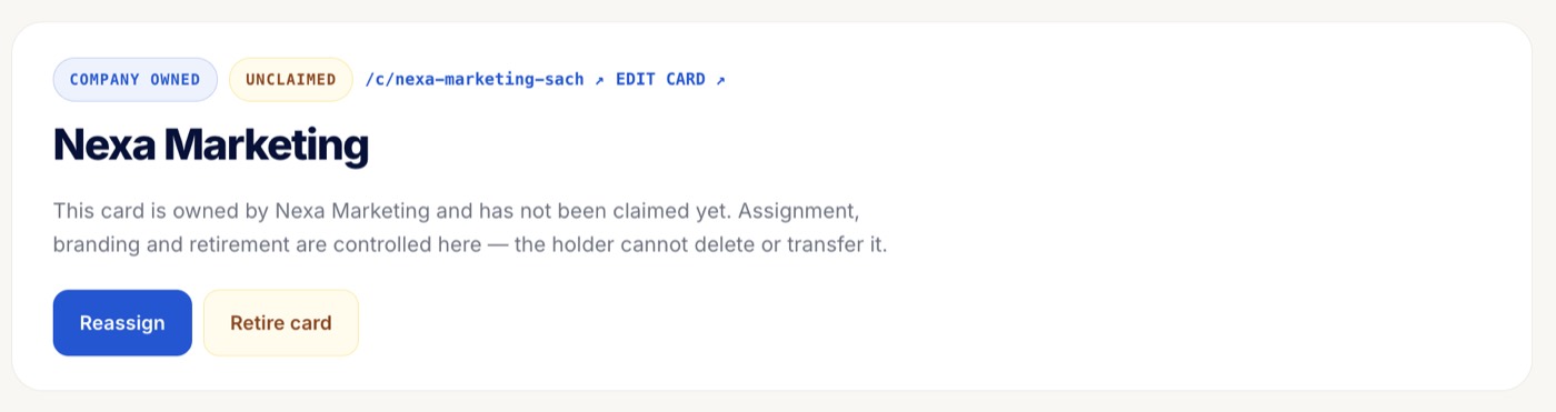 A reclaimed company card marked Company Owned and Unclaimed with Reassign, Retire and Edit actions.