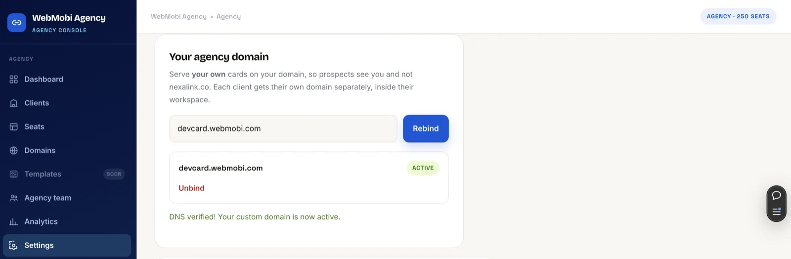 Your agency domain panel showing devcard.webmobi.com marked Active, with the confirmation that DNS is verified and the custom domain is now live.