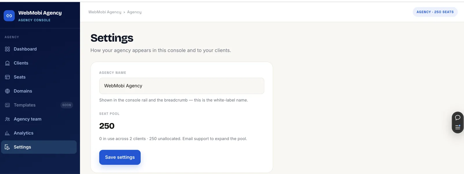 The NexaLink Agency console: a navy sidebar listing Dashboard, Clients, Seats, Domains, Templates, Agency team, Analytics and Settings, with the Settings screen open.