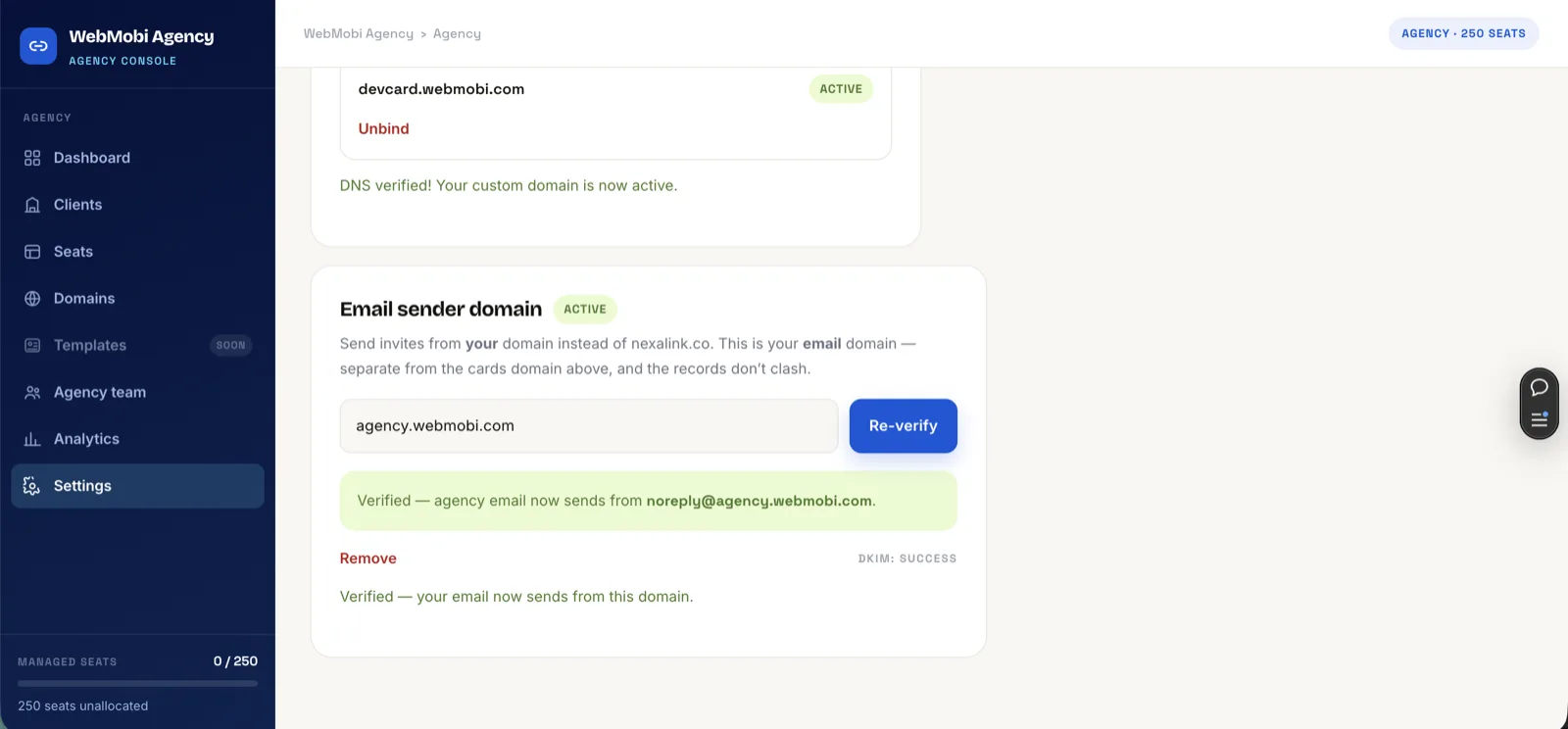 Email sender domain panel showing a verified domain, DKIM status Success, and the resulting sender address noreply@agency.webmobi.com.