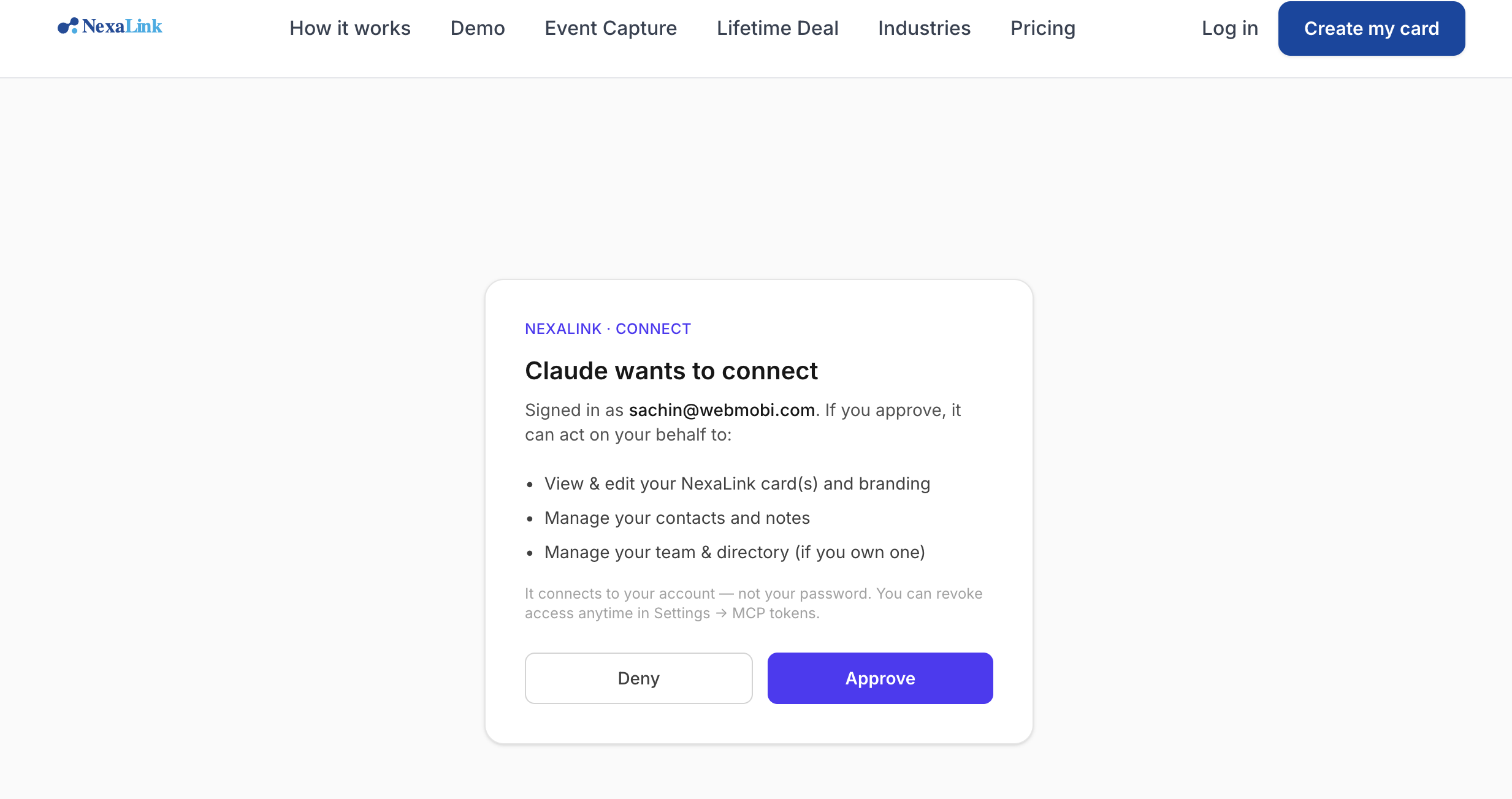 NexaLink consent screen in the browser: ‘Claude wants to connect’, signed in as your NexaLink account, listing View & edit your card and branding, Manage your contacts and notes, and Manage your team & directory, with Deny and Approve buttons.