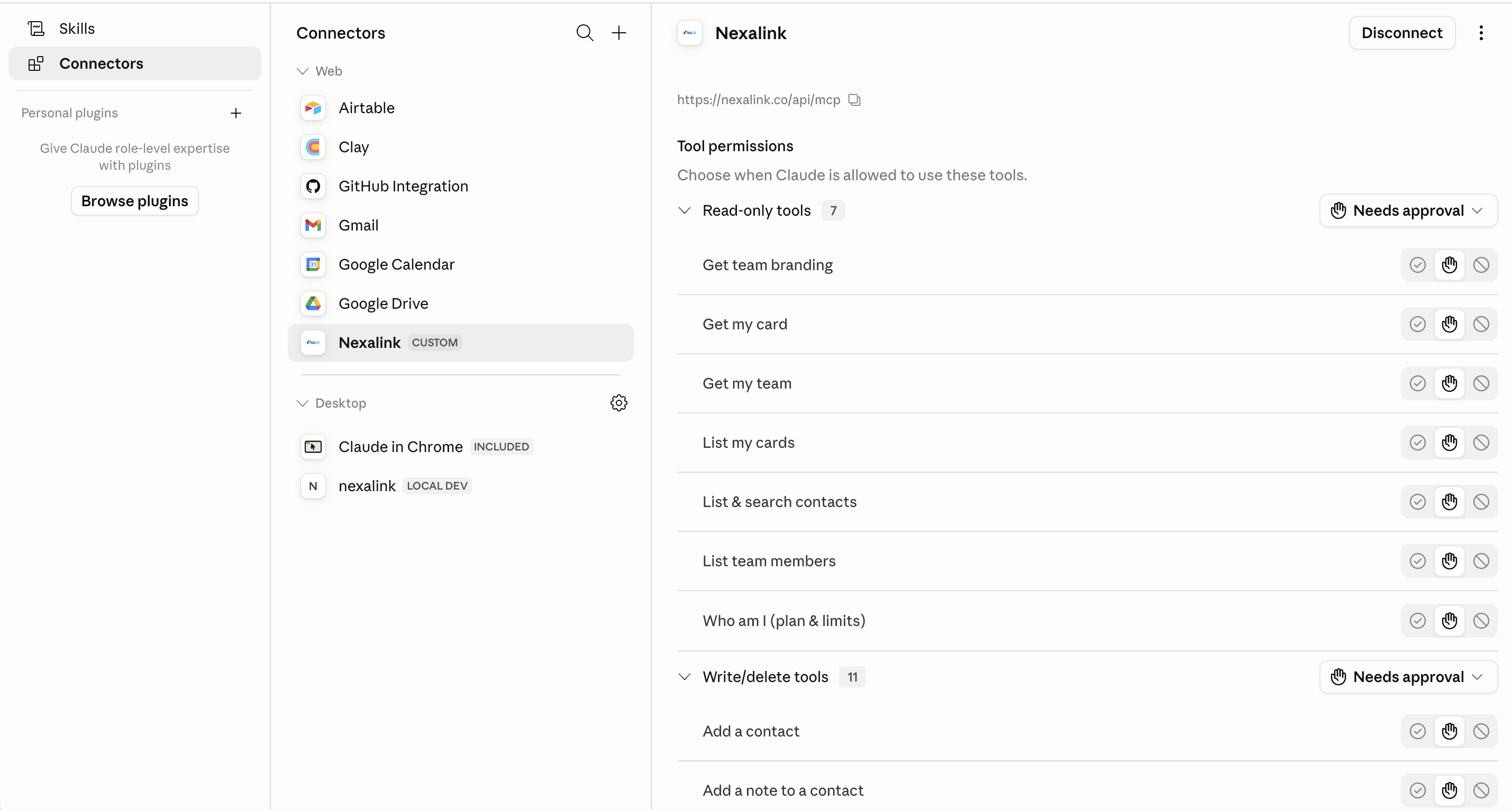 Claude Connectors settings showing NexaLink (CUSTOM) connected to https://nexalink.co/api/mcp, with Read-only tools (Get my card, List & search contacts, Who am I, …) and Write/delete tools (Add a contact, Add a note, …) and a per-tool permission control.